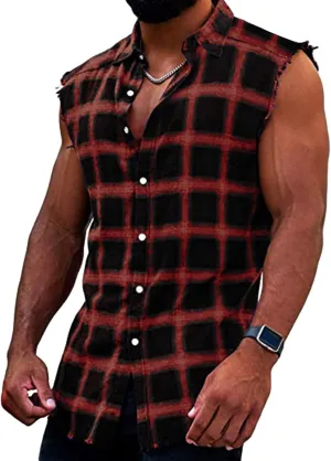 GOKKILRW Mens Sleeveless Flannel Plaid Shirts Casual Button Down Muscle Cut Off Shirts Vintage Western Cowboy Vest Tank Tops