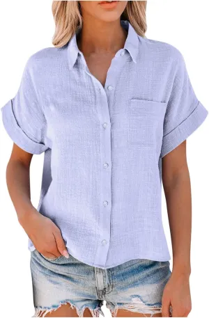 GOKKILRW Womens Linen Blouses Button Down Short Sleeve T Shirts Gauze Boho Dressy Casual Work Tops 2025 Summer Hippie Clothes
