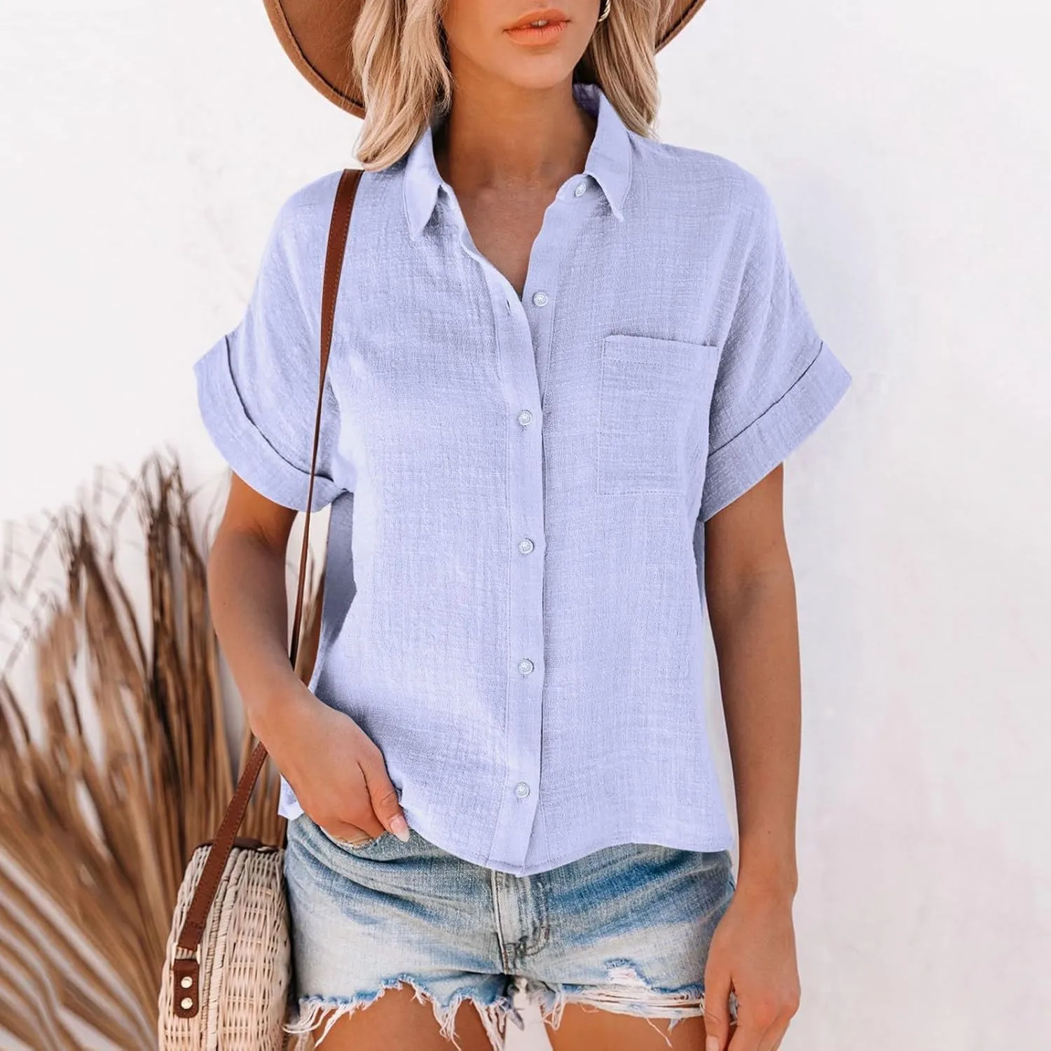 GOKKILRW Womens Linen Blouses Button Down Short Sleeve T Shirts Gauze Boho Dressy Casual Work Tops 2025 Summer Hippie Clothes