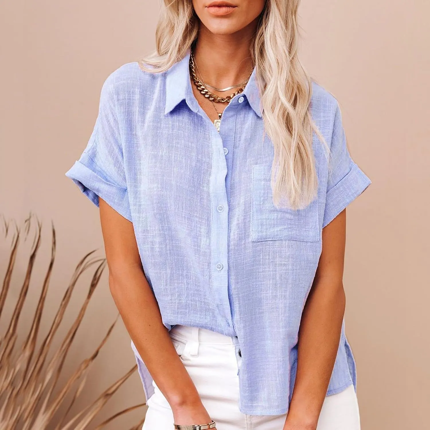 GOKKILRW Womens Linen Blouses Button Down Short Sleeve T Shirts Gauze Boho Dressy Casual Work Tops 2025 Summer Hippie Clothes