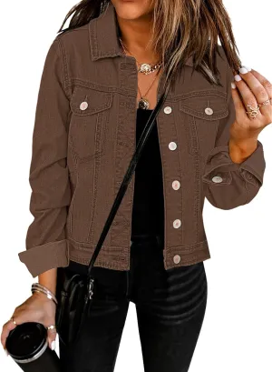 GRAPENT Women's Basic Button Down Long Sleeve Stretchy Jean Trucker Denim Jacket