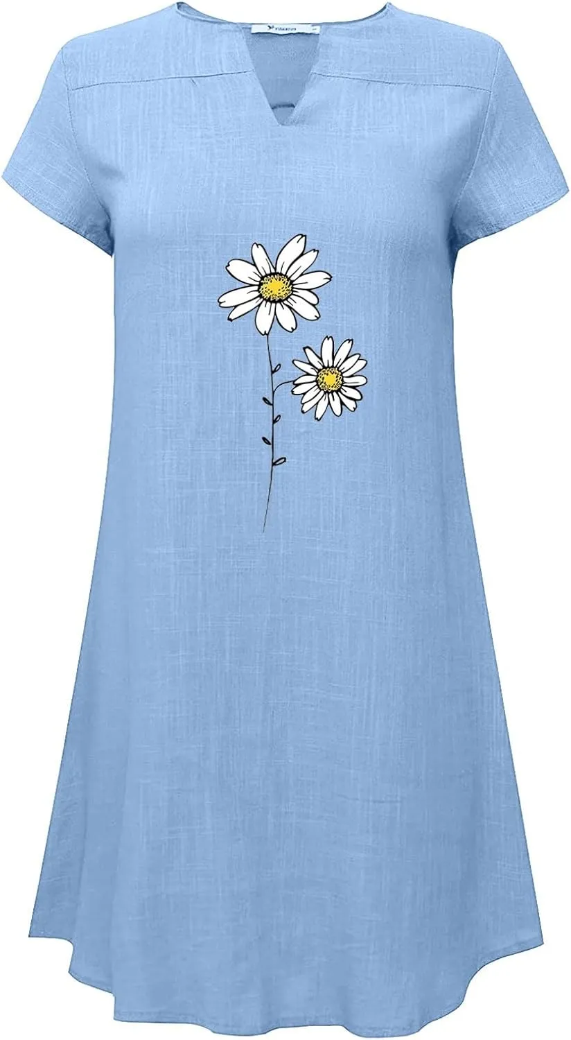 Graphic Dress for Women Notch V Neck Loose Dresses 2025 Casual Loose Comfort Pure Sundresses Hawaiian Sundresses