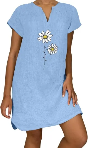Graphic Dress for Women Notch V Neck Loose Dresses 2025 Casual Loose Comfort Pure Sundresses Hawaiian Sundresses