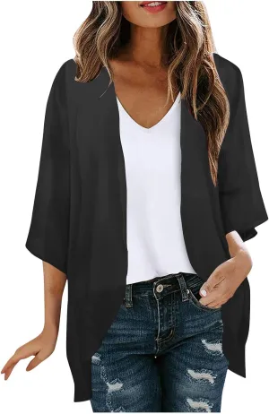 HGps8w Women's 3/4 Sleeve Kimono Cardigan Loose Summer Cover Up Lightweight Open-Front Sun Protection Blouse Tops
