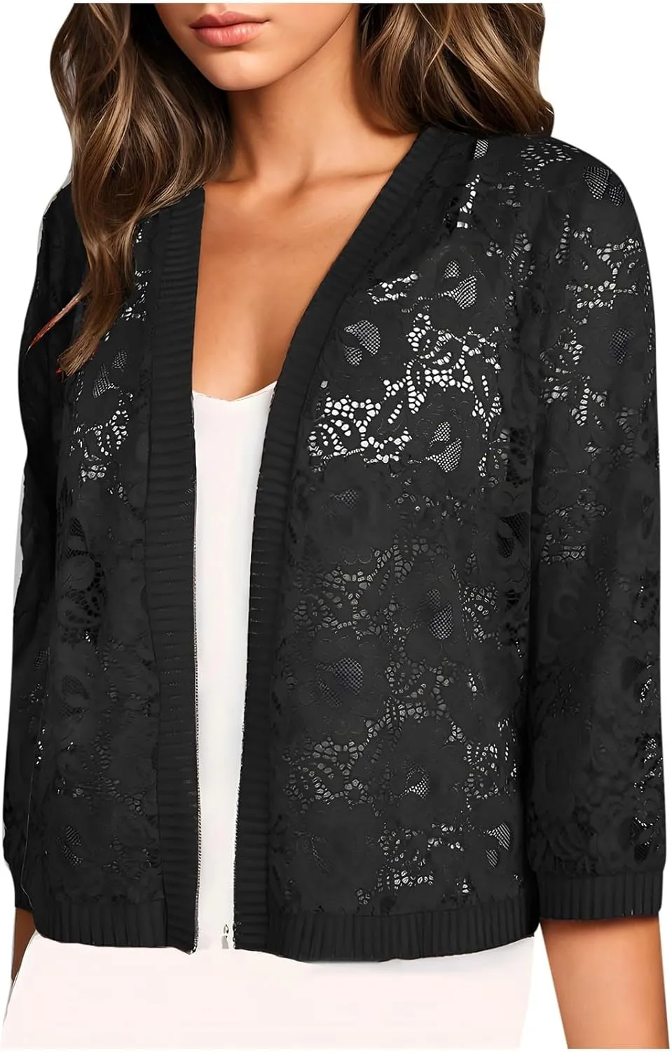 HGps8w Women's Floral Lace 3/4 Sleeve Cardigans Lightweight Open Front Soft Cropped Blouses Casual Summer Coverups