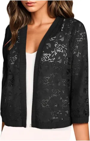 HGps8w Women's Floral Lace 3/4 Sleeve Cardigans Lightweight Open Front Soft Cropped Blouses Casual Summer Coverups