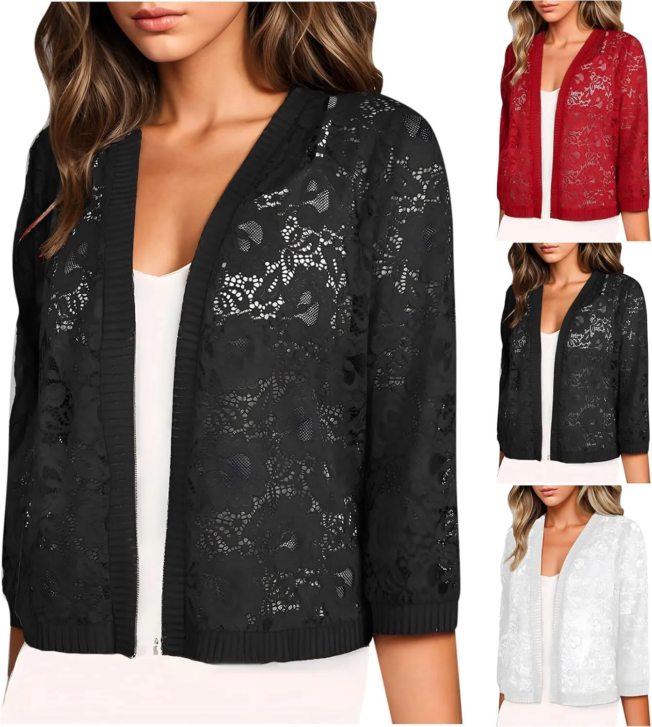 HGps8w Women's Floral Lace 3/4 Sleeve Cardigans Lightweight Open Front Soft Cropped Blouses Casual Summer Coverups