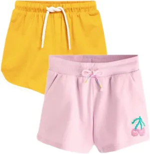 HILEELANG Kids Girl Sweat Shorts Summer Cotton Casual Drawstring Adjust Knit Pink Yellow Active Bike Short 2PC Sets 6 Years