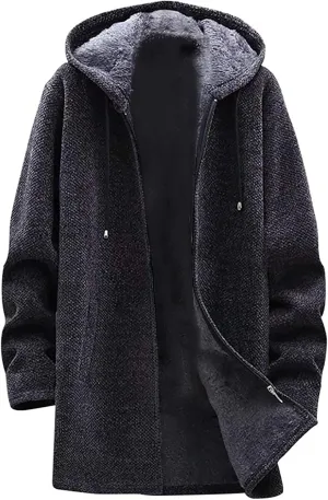 Hooded Sweater Jacket for Men Fleece Lined Long Trench Coats Winter Warm Windbreaker Overcoat with Pockets