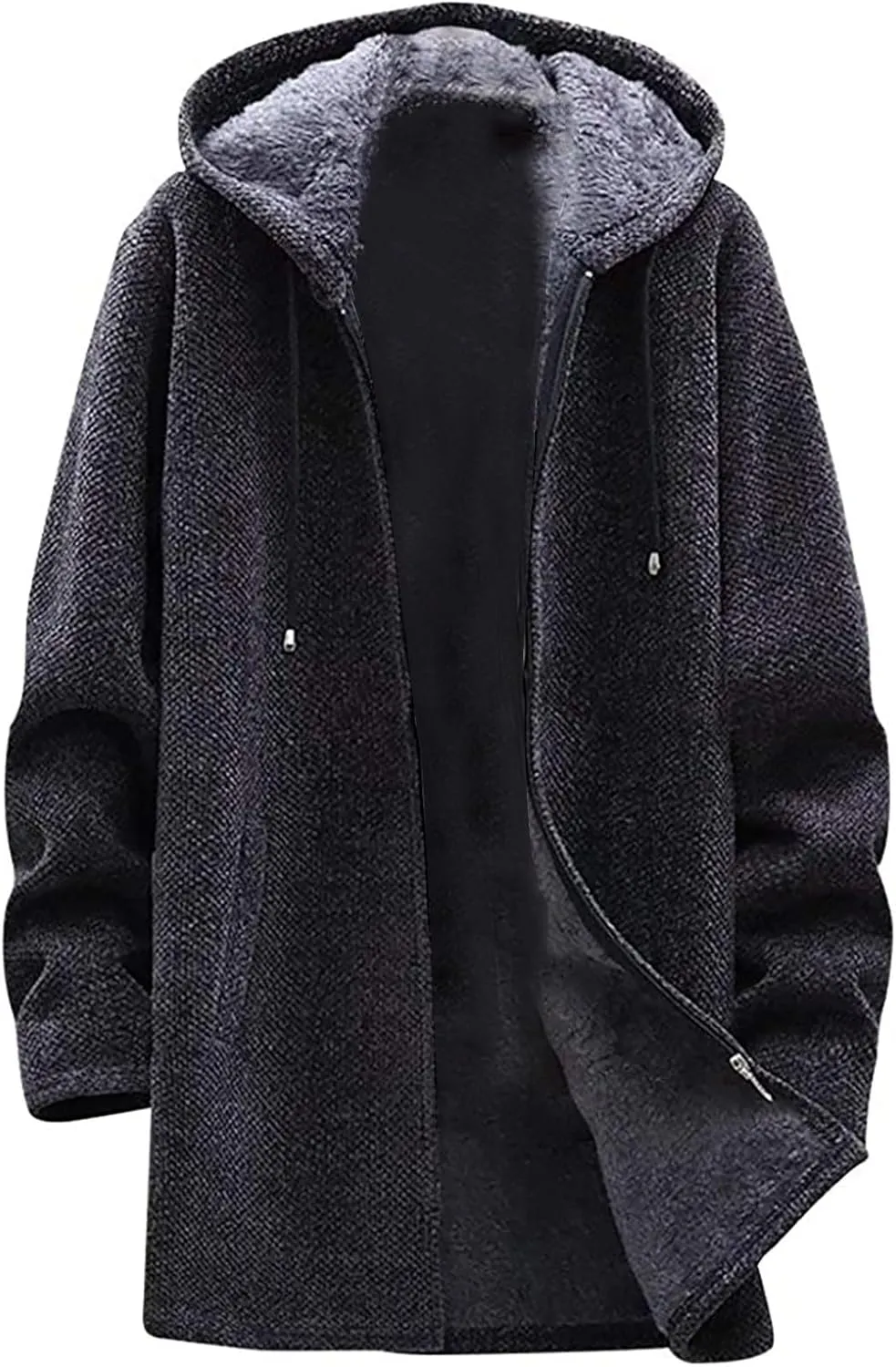 Hooded Sweater Jacket for Men Fleece Lined Long Trench Coats Winter Warm Windbreaker Overcoat with Pockets