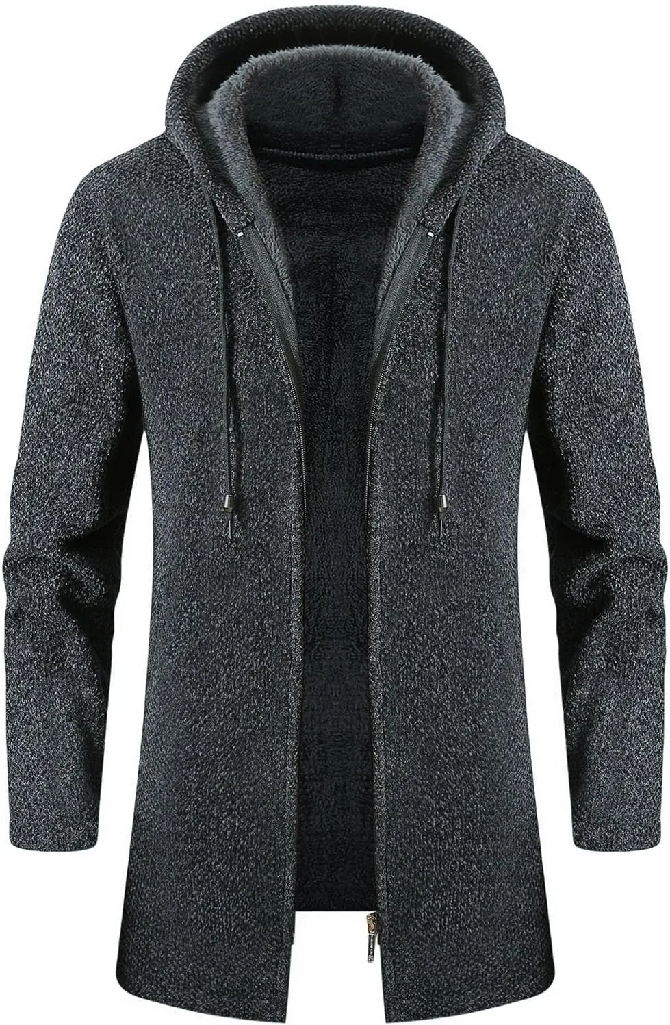 Hooded Sweater Jacket for Men Fleece Lined Long Trench Coats Winter Warm Windbreaker Overcoat with Pockets