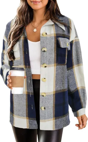 HOTOUCH Womens Flannel Plaid Shacket Jacket Button Down Tartan Trench with Pocket Long Sleeve Cropped Fashion Coat S-XXL