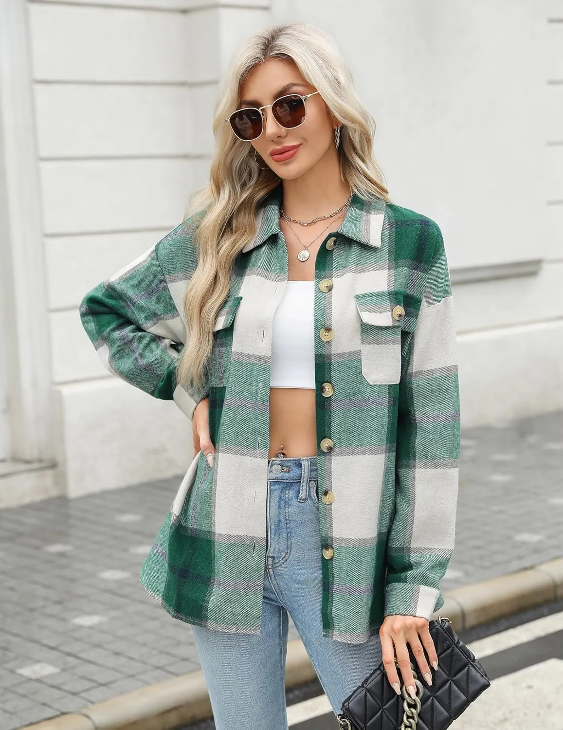 HOTOUCH Womens Flannel Plaid Shacket Jacket Button Down Tartan Trench with Pocket Long Sleeve Cropped Fashion Coat S-XXL