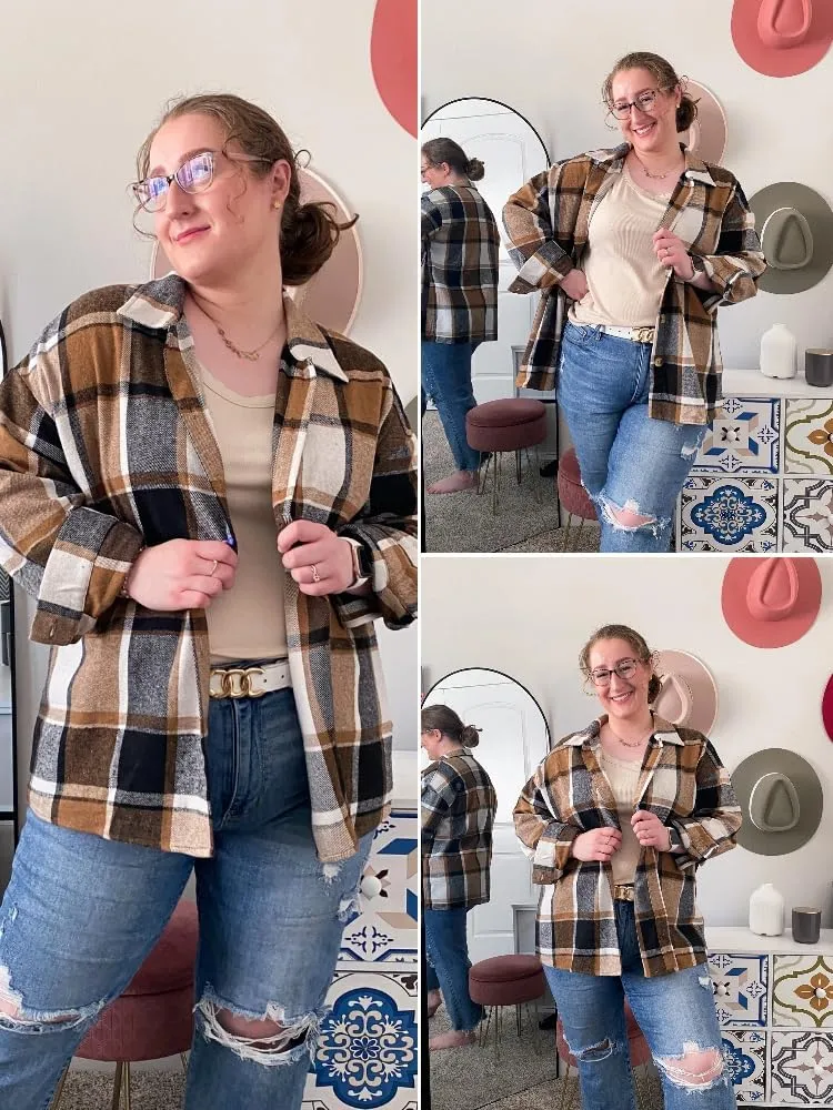 HOTOUCH Womens Flannel Plaid Shacket Jacket Button Down Tartan Trench with Pocket Long Sleeve Cropped Fashion Coat S-XXL