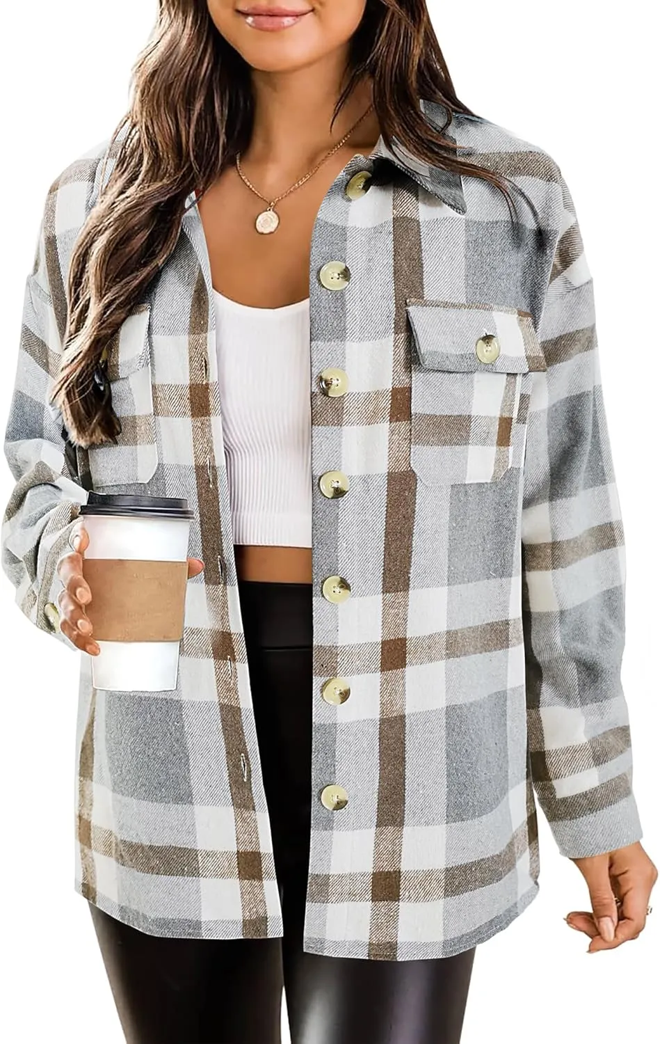 HOTOUCH Womens Flannel Plaid Shacket Jacket Button Down Tartan Trench with Pocket Long Sleeve Cropped Fashion Coat S-XXL