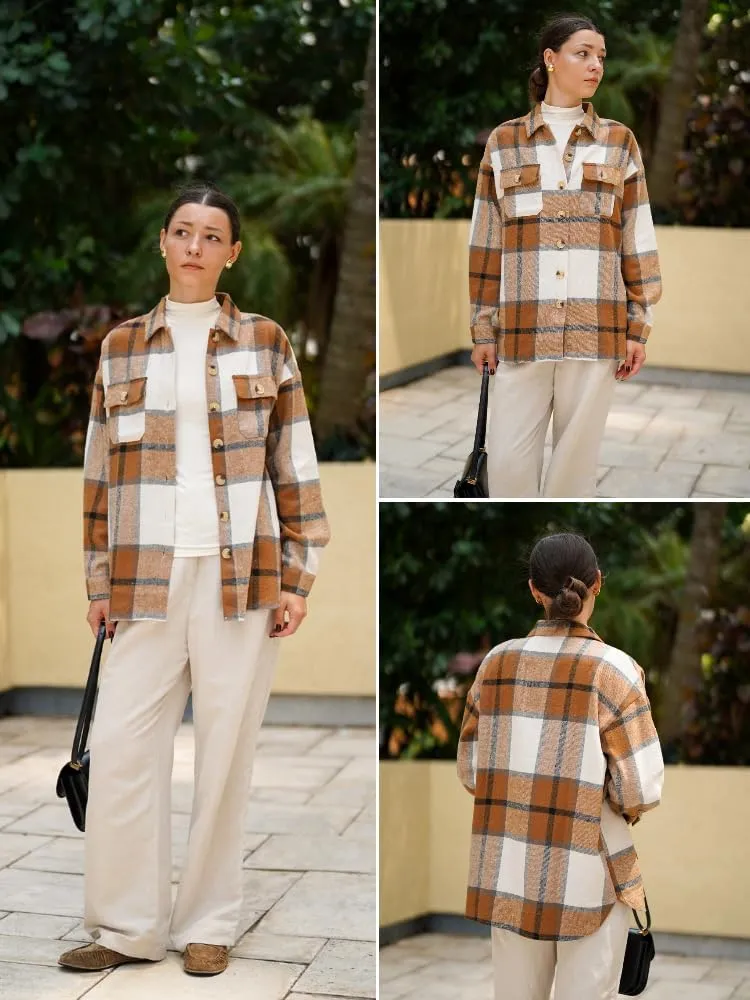 HOTOUCH Womens Flannel Plaid Shacket Jacket Button Down Tartan Trench with Pocket Long Sleeve Cropped Fashion Coat S-XXL