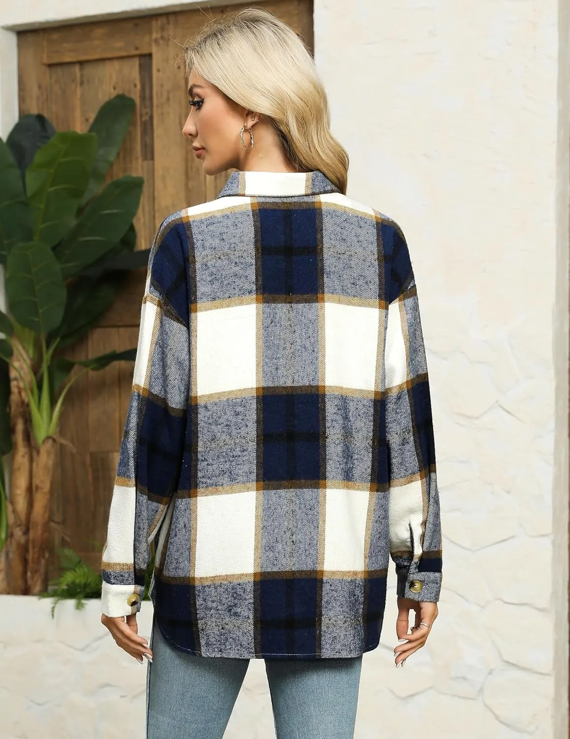 HOTOUCH Womens Flannel Plaid Shacket Jacket Button Down Tartan Trench with Pocket Long Sleeve Cropped Fashion Coat S-XXL