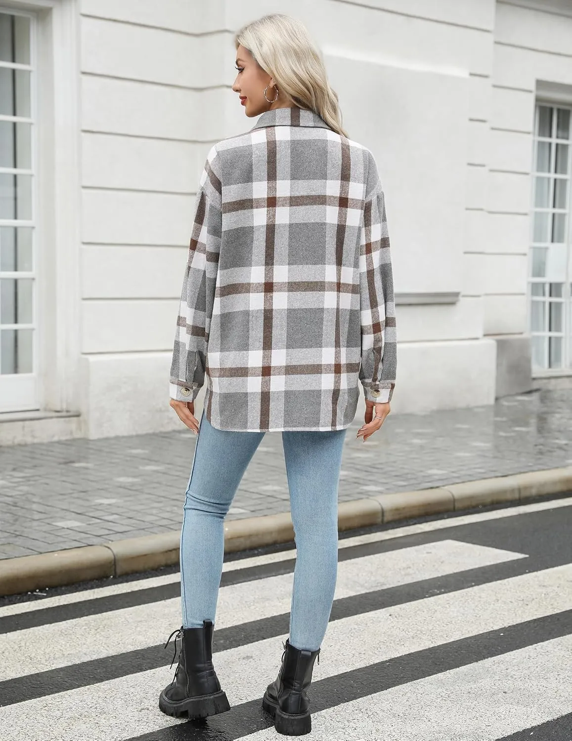 HOTOUCH Womens Flannel Plaid Shacket Jacket Button Down Tartan Trench with Pocket Long Sleeve Cropped Fashion Coat S-XXL