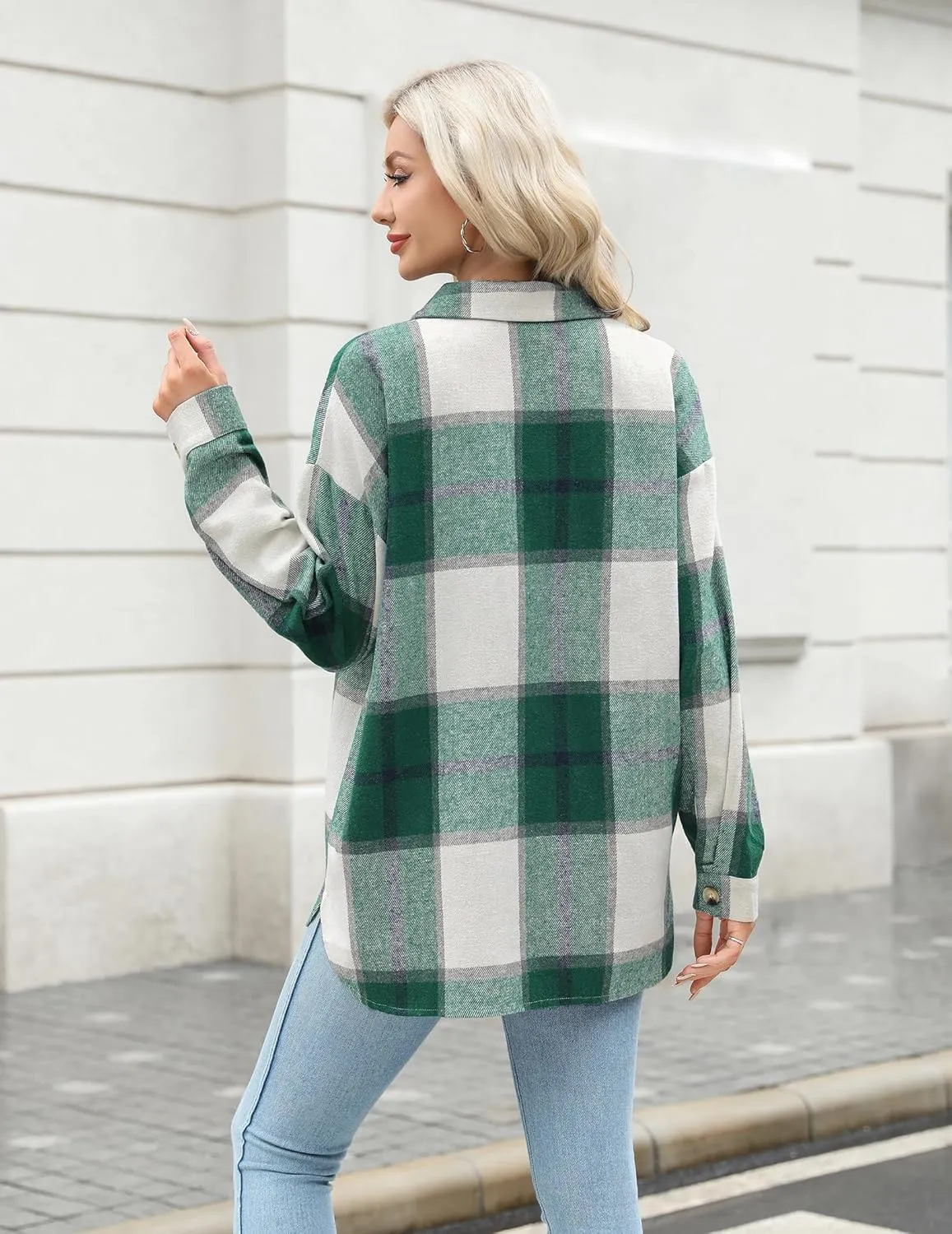HOTOUCH Womens Flannel Plaid Shacket Jacket Button Down Tartan Trench with Pocket Long Sleeve Cropped Fashion Coat S-XXL