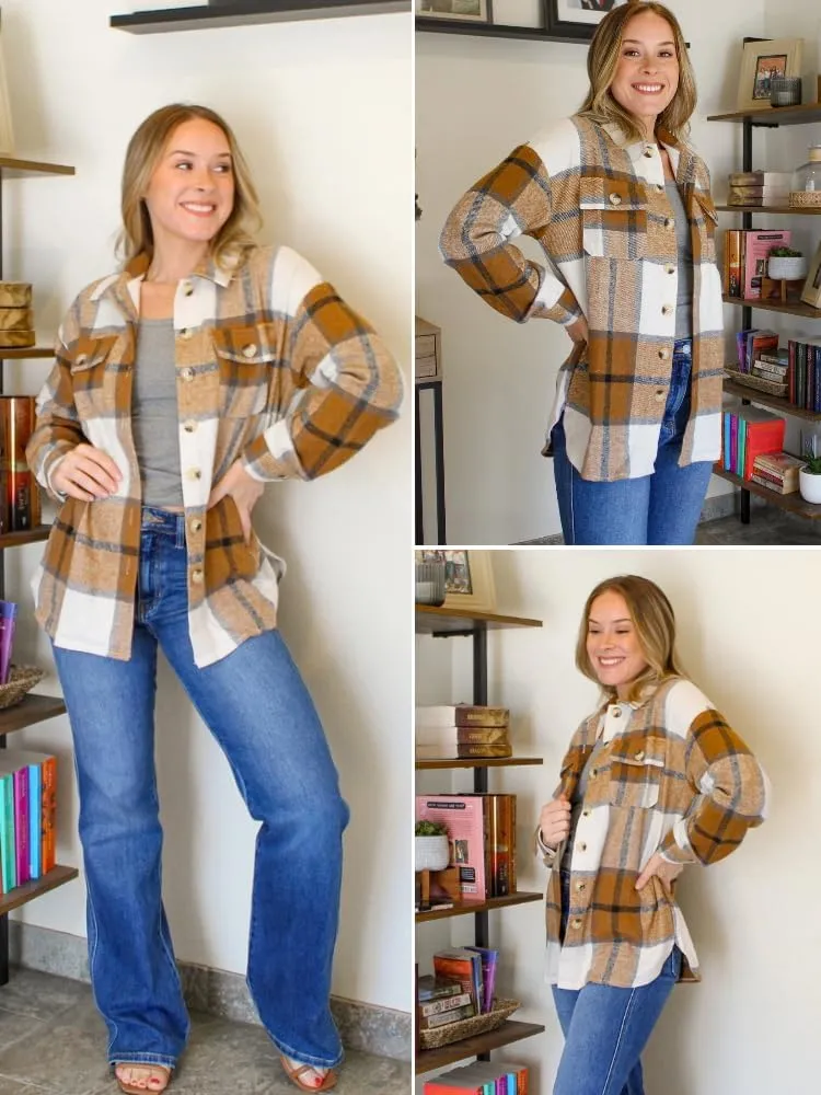 HOTOUCH Womens Flannel Plaid Shacket Jacket Button Down Tartan Trench with Pocket Long Sleeve Cropped Fashion Coat S-XXL