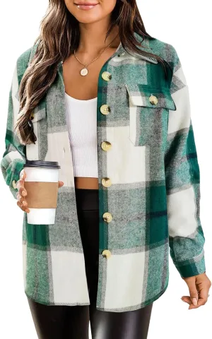 HOTOUCH Womens Flannel Plaid Shacket Jacket Button Down Tartan Trench with Pocket Long Sleeve Cropped Fashion Coat S-XXL