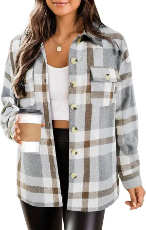 HOTOUCH Womens Flannel Plaid Shacket Jacket Button Down Tartan Trench with Pocket Long Sleeve Cropped Fashion Coat S-XXL