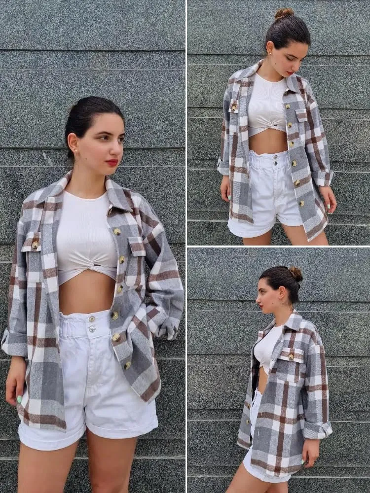 HOTOUCH Womens Flannel Plaid Shacket Jacket Button Down Tartan Trench with Pocket Long Sleeve Cropped Fashion Coat S-XXL