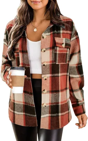 HOTOUCH Womens Flannel Plaid Shacket Jacket Button Down Tartan Trench with Pocket Long Sleeve Cropped Fashion Coat S-XXL