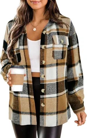 HOTOUCH Womens Flannel Plaid Shacket Jacket Button Down Tartan Trench with Pocket Long Sleeve Cropped Fashion Coat S-XXL