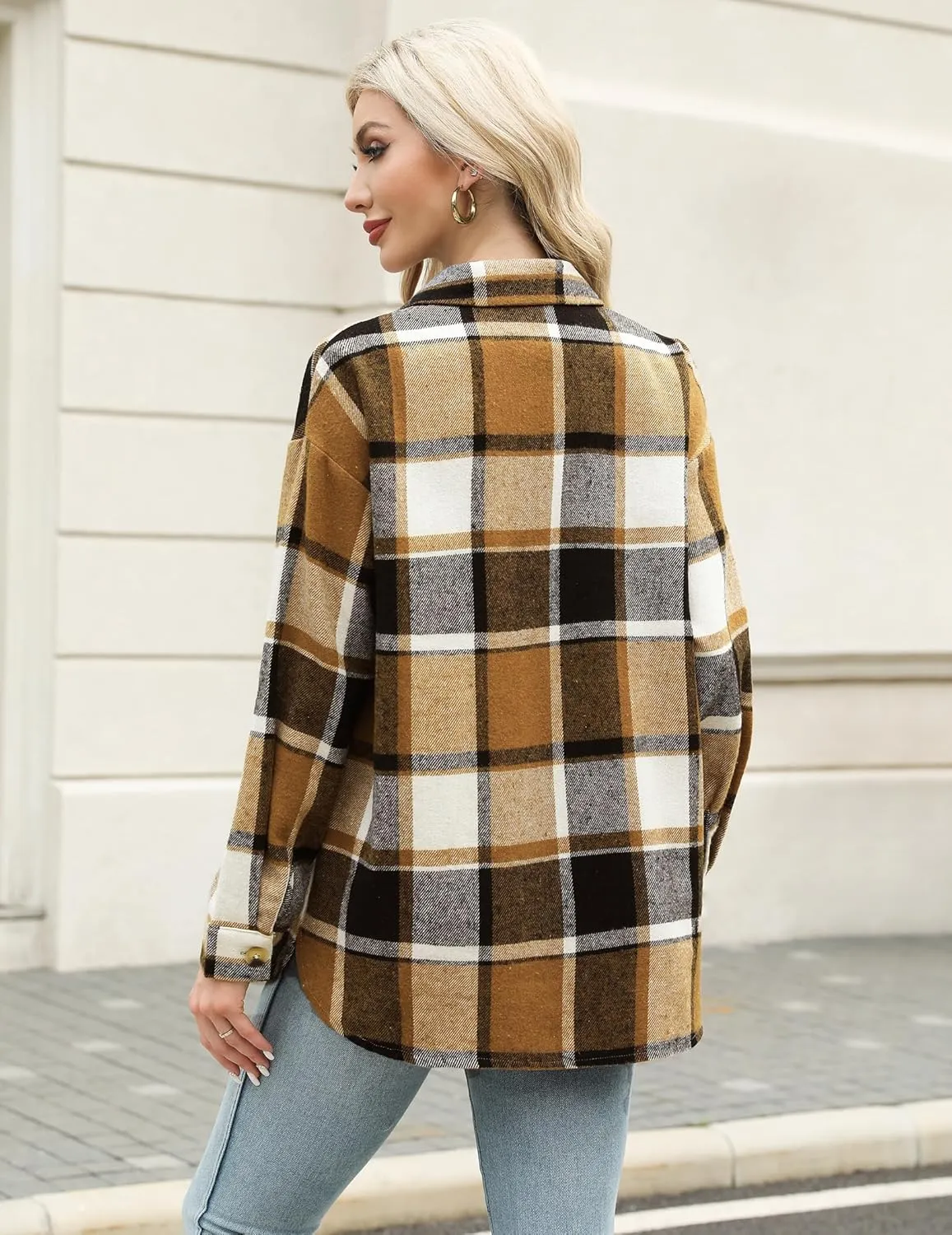 HOTOUCH Womens Flannel Plaid Shacket Jacket Button Down Tartan Trench with Pocket Long Sleeve Cropped Fashion Coat S-XXL