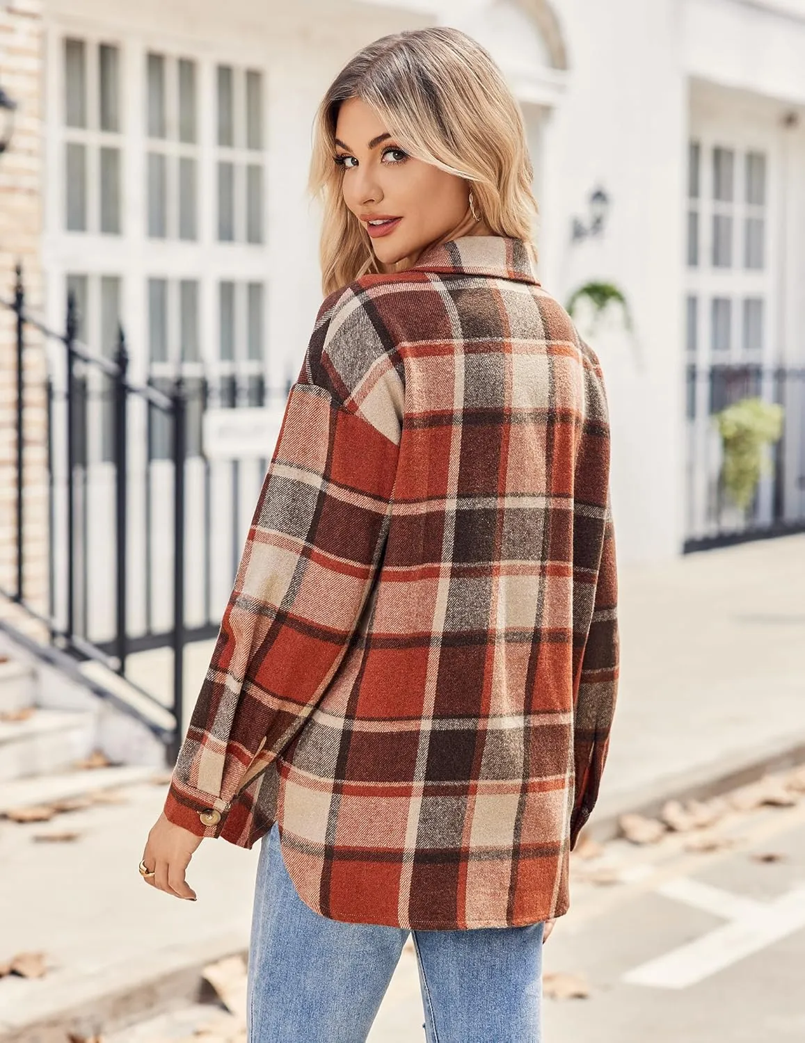 HOTOUCH Womens Flannel Plaid Shacket Jacket Button Down Tartan Trench with Pocket Long Sleeve Cropped Fashion Coat S-XXL