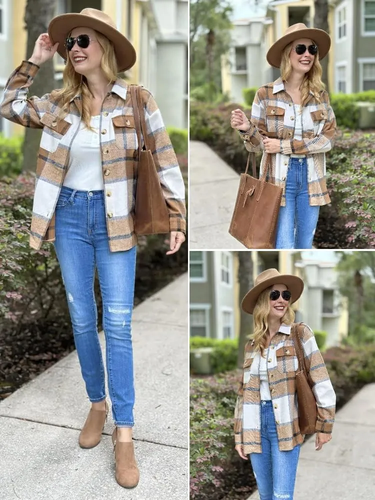 HOTOUCH Womens Flannel Plaid Shacket Jacket Button Down Tartan Trench with Pocket Long Sleeve Cropped Fashion Coat S-XXL