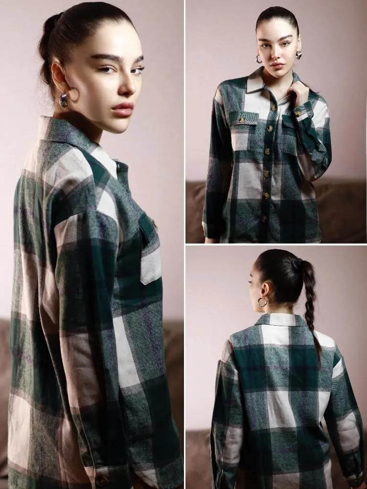 HOTOUCH Womens Flannel Plaid Shacket Jacket Button Down Tartan Trench with Pocket Long Sleeve Cropped Fashion Coat S-XXL