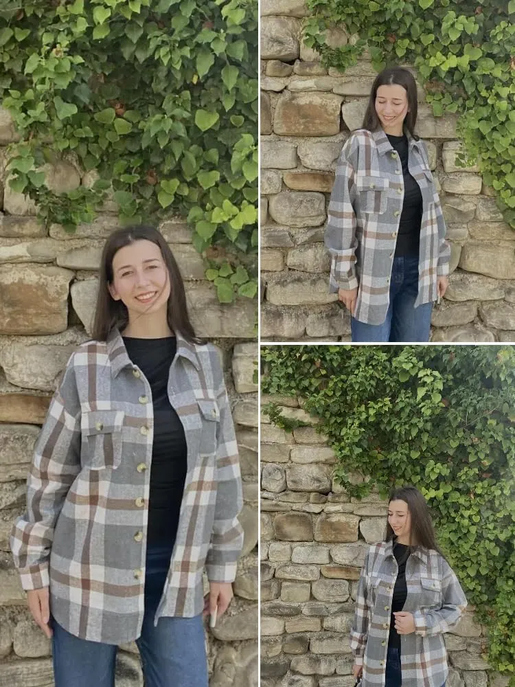 HOTOUCH Womens Flannel Plaid Shacket Jacket Button Down Tartan Trench with Pocket Long Sleeve Cropped Fashion Coat S-XXL