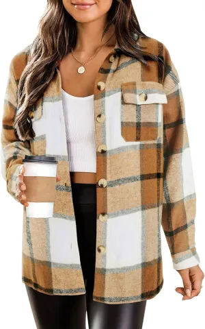 HOTOUCH Womens Flannel Plaid Shacket Jacket Button Down Tartan Trench with Pocket Long Sleeve Cropped Fashion Coat S-XXL
