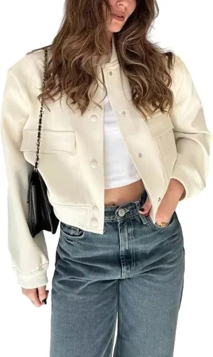 imbpceu Women Bomber Jacket Casual Long Sleeve Button Down Varsity Jackets with Pockets