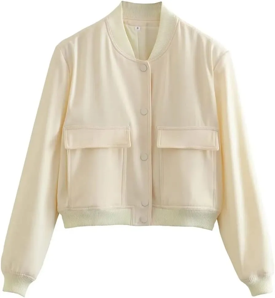 imbpceu Women Bomber Jacket Casual Long Sleeve Button Down Varsity Jackets with Pockets