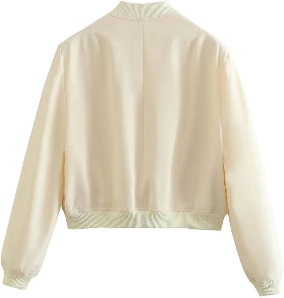 imbpceu Women Bomber Jacket Casual Long Sleeve Button Down Varsity Jackets with Pockets