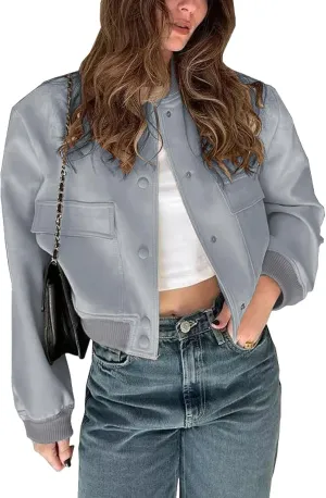 imbpceu Women Bomber Jacket Casual Long Sleeve Button Down Varsity Jackets with Pockets