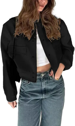 imbpceu Women Bomber Jacket Casual Long Sleeve Button Down Varsity Jackets with Pockets
