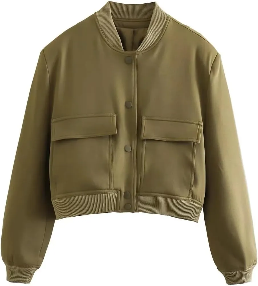 imbpceu Women Bomber Jacket Casual Long Sleeve Button Down Varsity Jackets with Pockets
