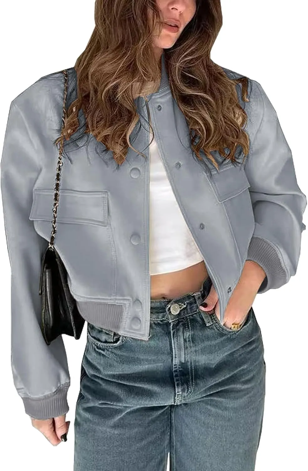 imbpceu Women Bomber Jacket Casual Long Sleeve Button Down Varsity Jackets with Pockets