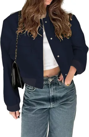 imbpceu Women Bomber Jacket Casual Long Sleeve Button Down Varsity Jackets with Pockets