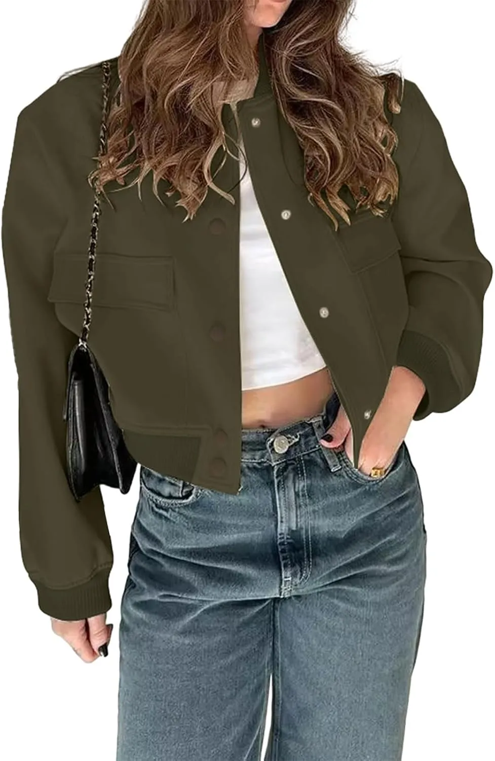 imbpceu Women Bomber Jacket Casual Long Sleeve Button Down Varsity Jackets with Pockets