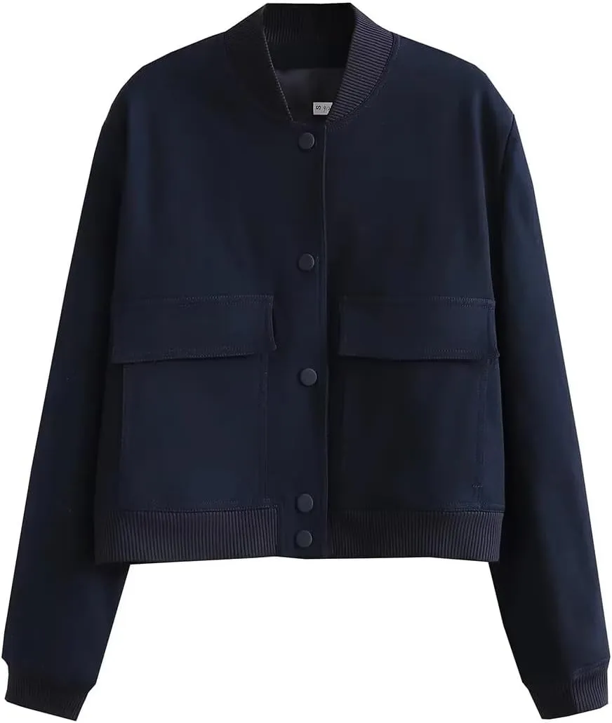 imbpceu Women Bomber Jacket Casual Long Sleeve Button Down Varsity Jackets with Pockets