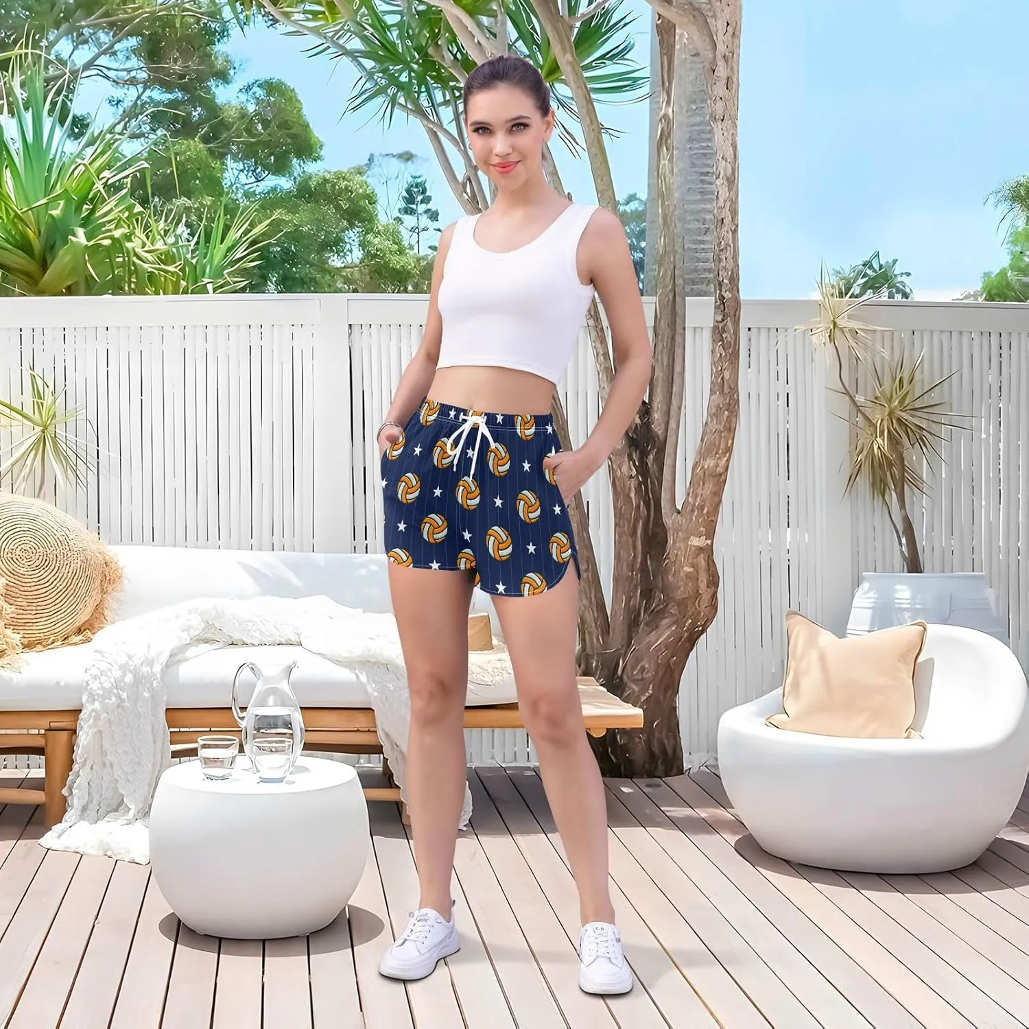 J JOYSAY Tennis Ball Dot Athletic Shorts Quick Dry Women Sweat Shorts Beach Lounge Pants with Pocket Drawstring