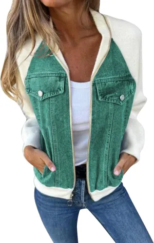 Jean Jacket Women Casual Long Sleeve Mock Neck Full Zipper Color Block Denim Coats Fall Lounge Outwear