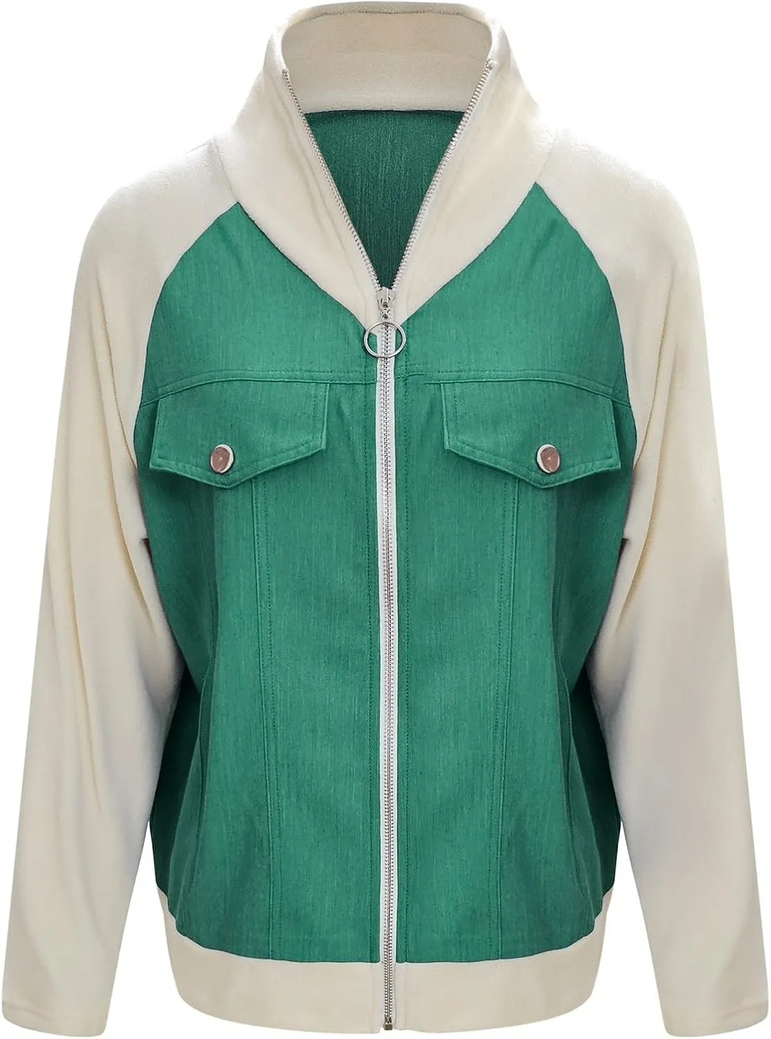 Jean Jacket Women Casual Long Sleeve Mock Neck Full Zipper Color Block Denim Coats Fall Lounge Outwear