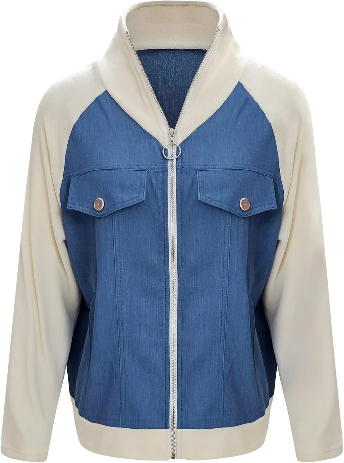 Jean Jacket Women Casual Long Sleeve Mock Neck Full Zipper Color Block Denim Coats Fall Lounge Outwear