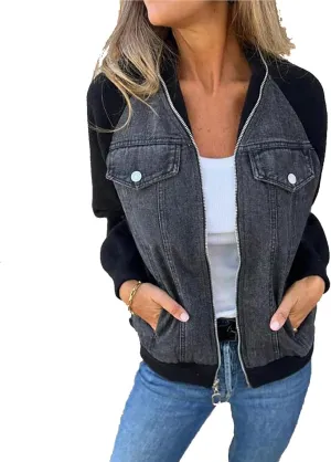 Jean Jacket Women Casual Long Sleeve Mock Neck Full Zipper Color Block Denim Coats Fall Lounge Outwear